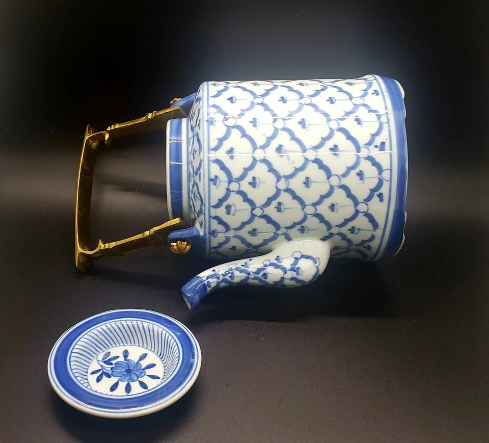 Antique Export Blue & White Teapot with Brass Handle - Image 2 of 4