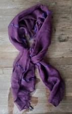 Italian Sheer Silk Scarf in Eggplant Purple with Metallic Blue Ribbons