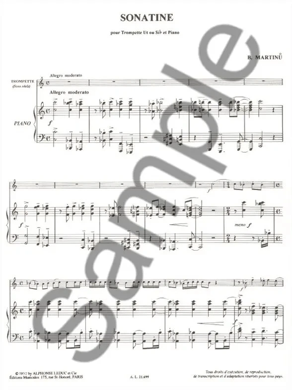 Sonatine For Trumpet And Piano by Bohuslav Martinu (AL21699) **Clearance** - Image 2 of 2