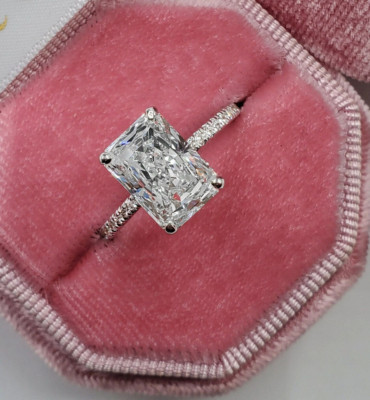 3 Ct Radiant Cut Solitaire Real Moissanite Engagement Ring 14k White Gold Plated