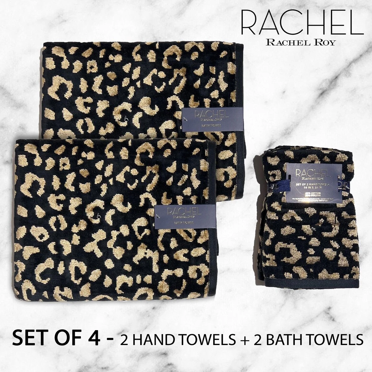 SET OF 4 RACHEL ROY Hand and Bath Towels Black Gold Leopard Cheetah 35 Viscose