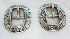 Pair Jeremiah Watt Buckles White Bronze Center Bar Floral Horse Tack Headstalls
