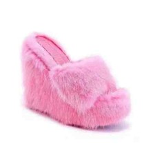 New Fur Slippers Women's Wedge Heel Shoes Women High-heeled Furry Drag Slippers