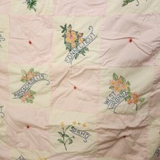 Handmade Embroidered Vintage Quilt Topper US States State Flowers State Birds