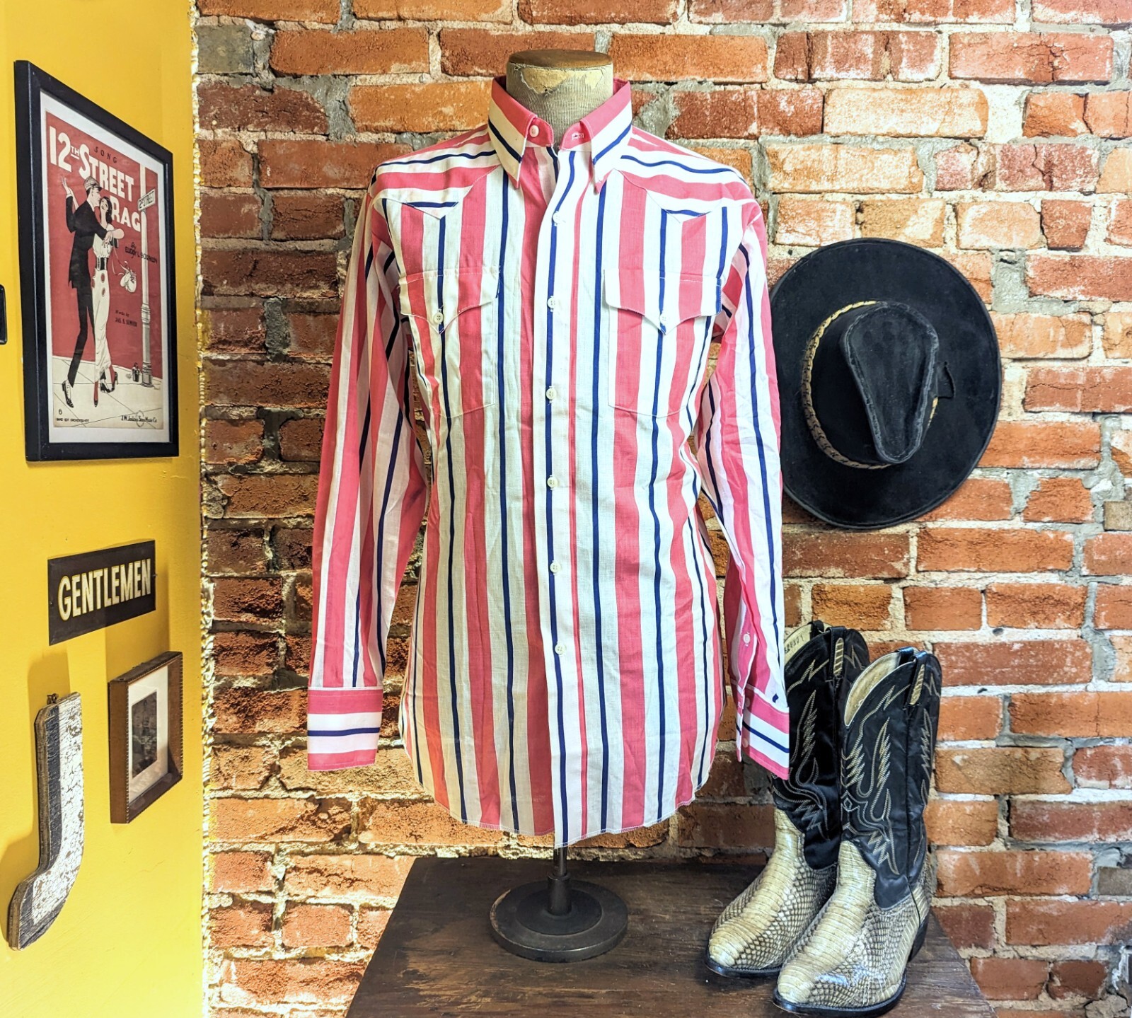 70'S PRIOR Stripe Pattern Long-Sleeve Western Shirt, Men's Size L (Equivalent), Vintage unclear blue type Vintage Second Hand