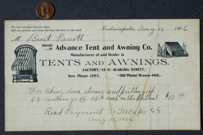 Indianapolis Indiana Advance Tent & Awning Co ORNATE Receipt On Alabama St 1906-