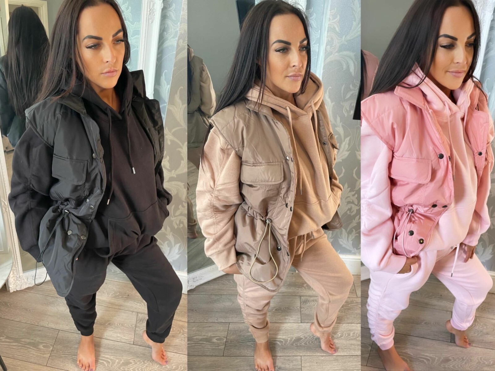 Womens Ruched Hoodie Joggers Gilet Set 