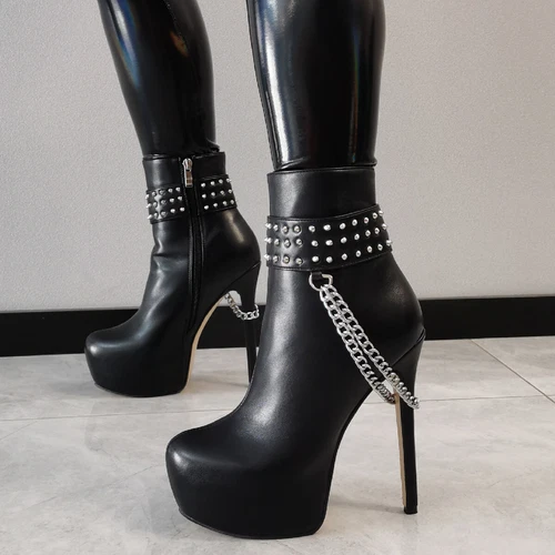 Women Ankle Boots Round Toe High Heels Chain Rivets Zip Platform Shoes Size 4-20
