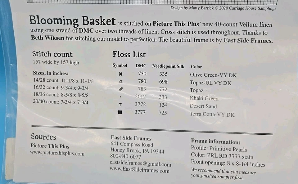 Carriage House Samplings 2020 Blooming Basket Cross Stitch Barrick Out of Print - Image 3 of 3