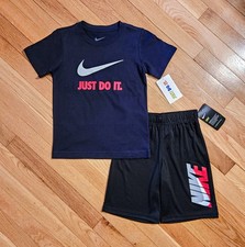 NEW Nike Little Boy Cotton Tee Short Set, Navy, Black sz 7