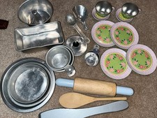 Vintage Children's Schylling Tin Floral Tea Cups Dishes and Tin Bakeware Lot