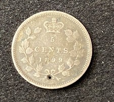 1899 Canada 5 Cents 5c 0.9250 Silver ASW 0.0346 Oz Drilled Free Shipping