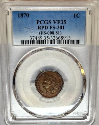 Choice 1870 Indian Head Penny Cent 1C PCGS VF-35 RPD FS-301 (FS-008.81)