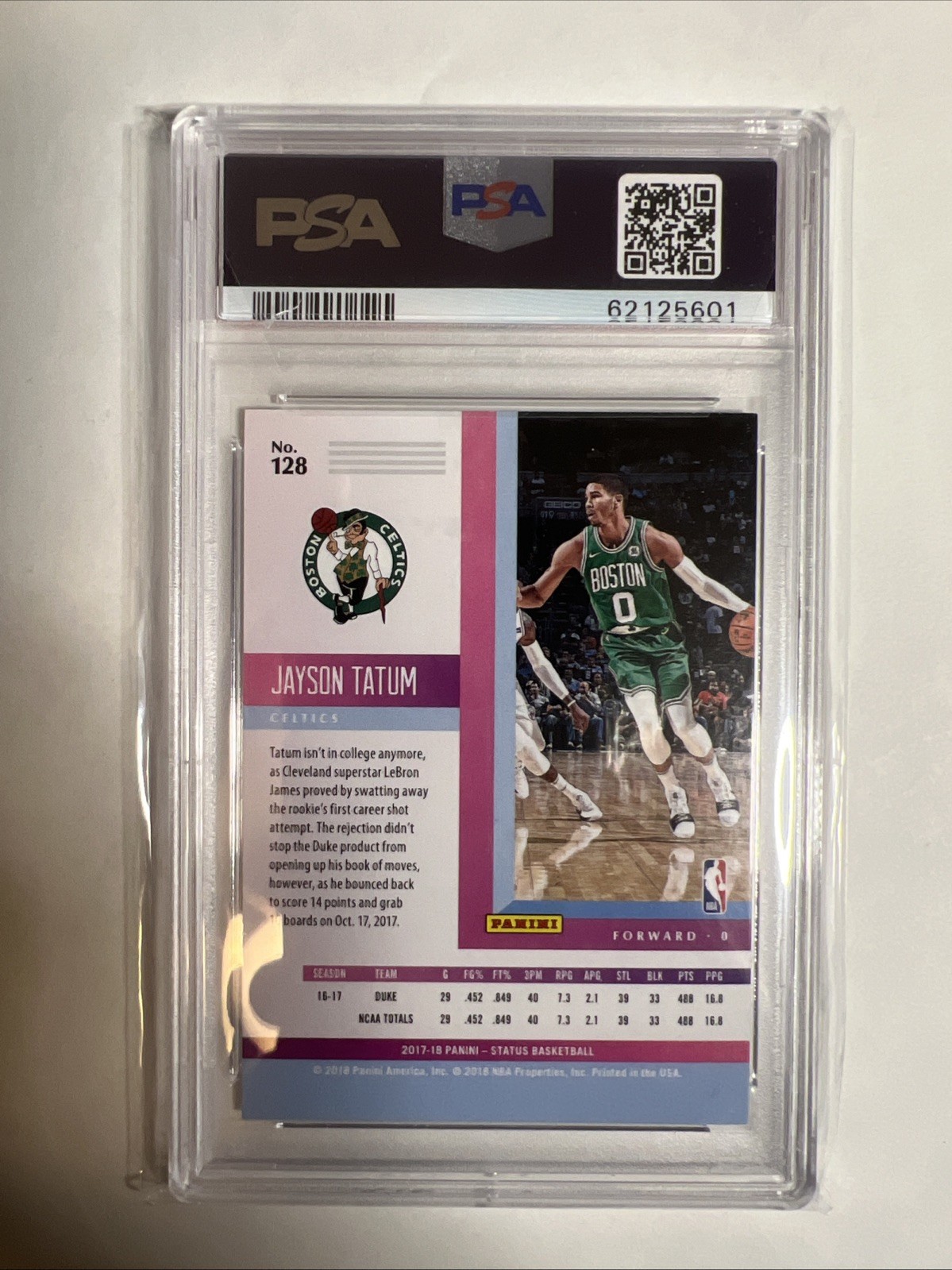 2017-18 Panini Status Jayson Tatum Rookie RC PSA 10 Gem Mint #128 Boston Celtics view 2
