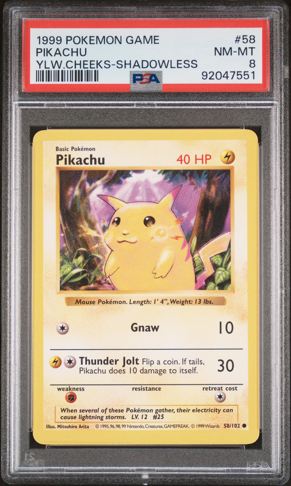 1999 POKEMON BASE SET SHADOWLESS YELLOW CHEEKS #58 PIKACHU PSA 8
