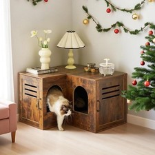 Vintage Brown Corner Litter Box Enclosure End Table Furniture with Double Room