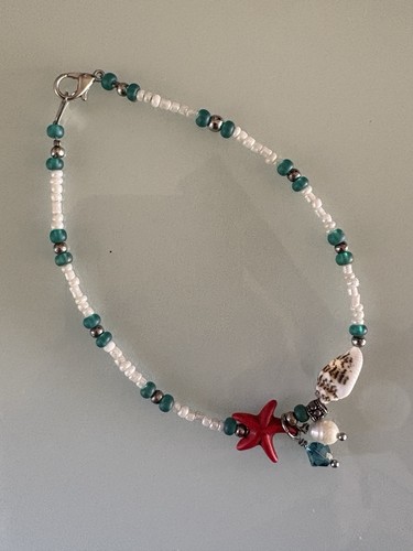 Beaded Anklet Shell Star Fish Red And Blue Beaded 9”