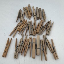 Lot 39 Vintage Wood Clothes Pins w/ Springs Wooden Clothespins Aged Weathered O5