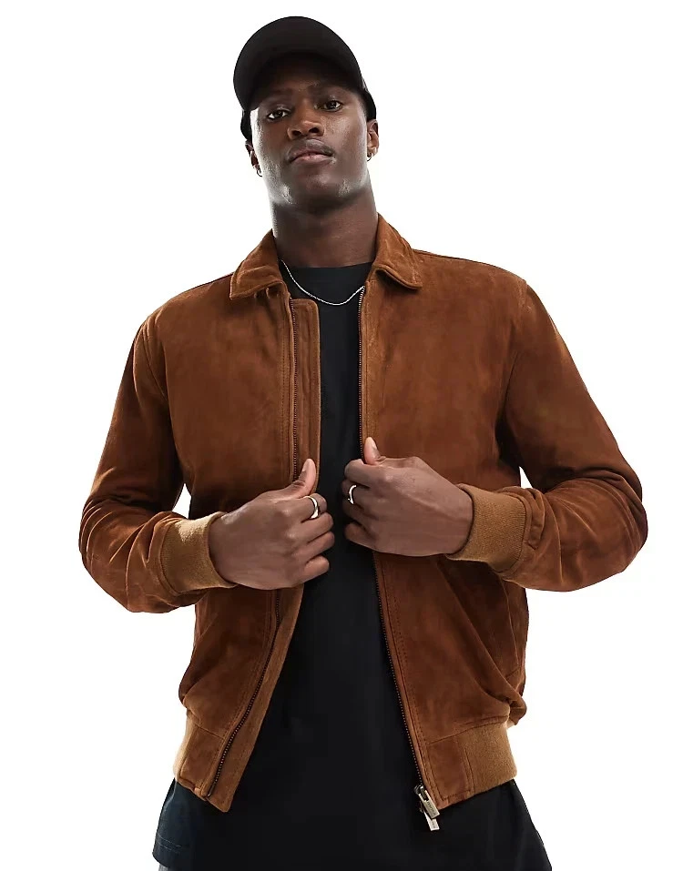 Leather Jacket Men Brown Pure Suede Flight Bomber Size S M L XL XXL Custom Made