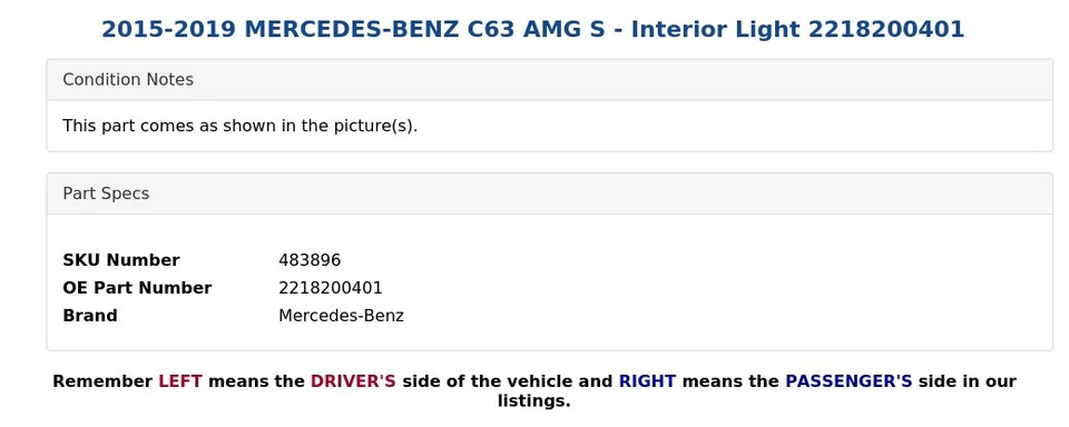 Mercedes-Benz C63 AMG S 2015-2019 - Luz interior 2218200401 Foto 4 de 4