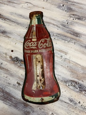 Original 1950's Coca-Cola Bottle Die-cut Tin 17'' Flat Style Thermometer - WORKS