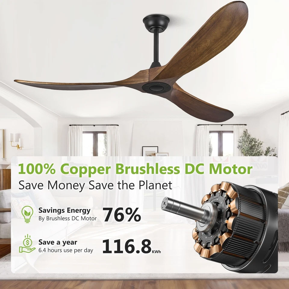 72 Inch Ceiling Fans without Lights Wood Large Ceiling Fan no Light and Remot... - Image 4 of 4