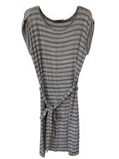 LOFT Dress Medium Striped Cuffed Short Sleeve Tie Waist Gray White Parisian Chic