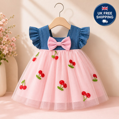 Süßes Baby Mädchen Sommer Netz Kleid mit Kirschmuster Strand Outfit