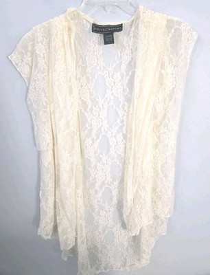 Polly Esther Womens Ivory Lace Open Front Cardigan Size L Sheer Floral Kimono...