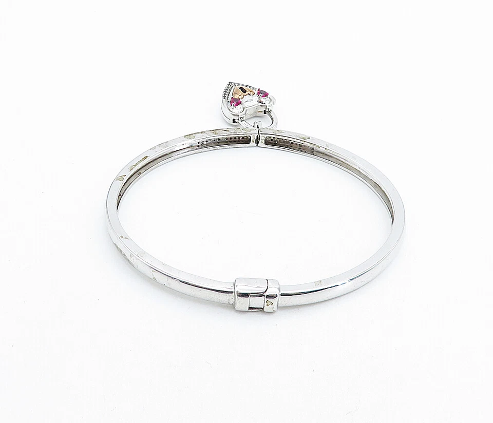 925 Silver  Ruby & Genuine Diamonds Padlock Charm Bangle Bracelet  BT3018 - Image 4 of 4