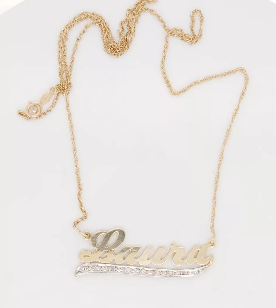 14k Two Tone Gold Single Plate Laura Nameplate Necklace With