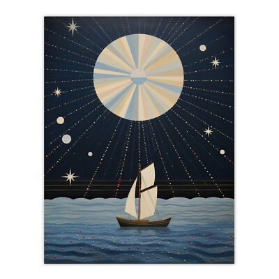 Segeln ins Mondscheinboot im Vollmond Meereslandschaft Wandbild Poster Druck