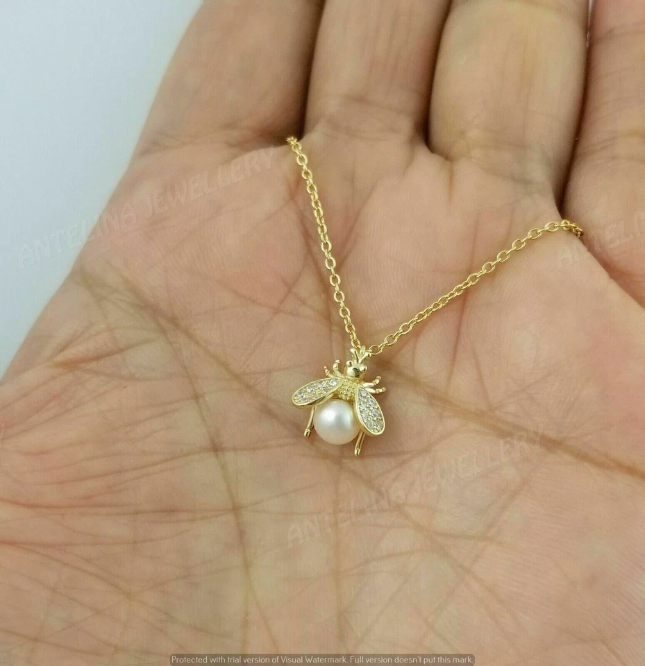2.Ct Round Cut Simulated White Pearl Honey bee Pendant 925 Silver Gold Plated - Image 4 of 4