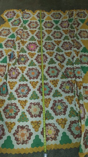 1930-40s Feedsack Grandmothers Flower Garden Quilt TOP All Hand Sewn 93”x87” - Picture 5 of 14