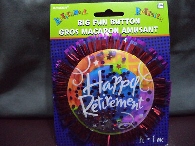 NEW RARE AMSCAN HAPPY RETIREMENT PARTY BIG FUN CONFETTI FILLED SOFT PIN BUTTON 