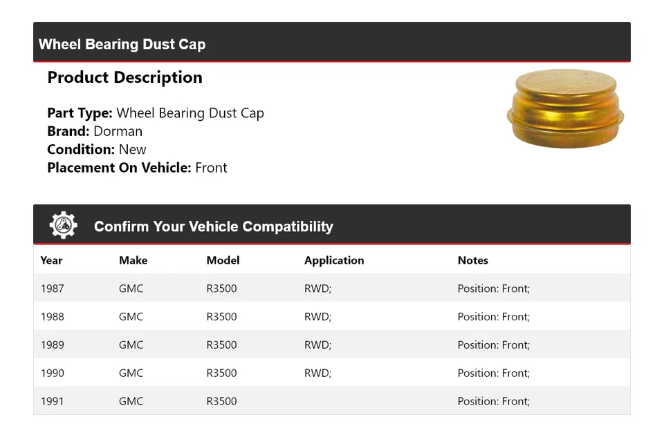 For 1987-1991 GMC R3500 Dorman Wheel Bearing Dust Cap Front 1988 1989 1990 - Image 2 of 4
