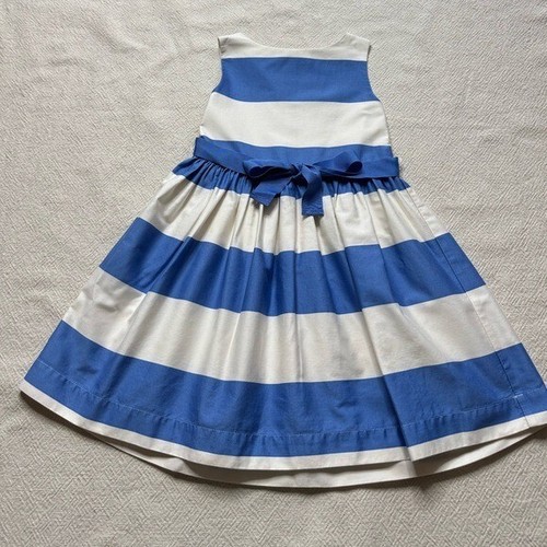 JCREW Crewcuts Girls Ribbon Tie Sateen Blue Ivory Striped Party Dress 6 - Picture 2 of 7