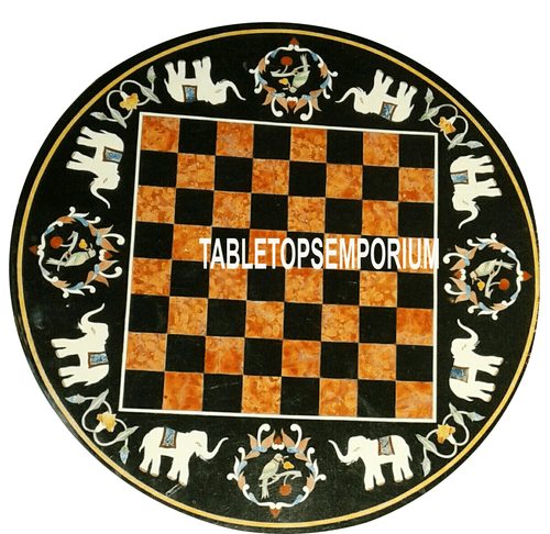 15" Schwarz Rund Marmor Schachtisch Hakik Stein Intarsien Elefant Kunst Spiel Dekor - Bild 1 von 4