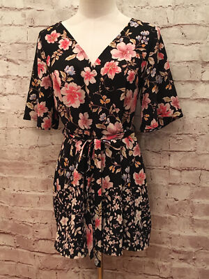 Francescas Womens Black Multicolor Floral Romper Surplice Wrap Size S NEW