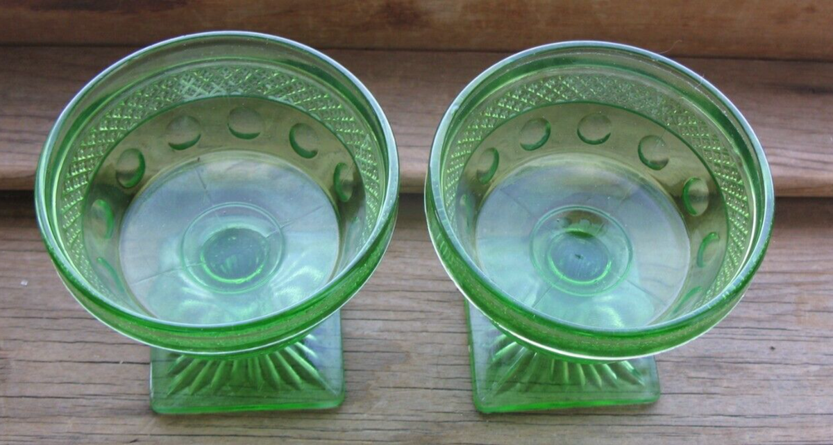 Set of 2 Two Vintage McKee Glass Green Sherbet Dishes Crosshatch