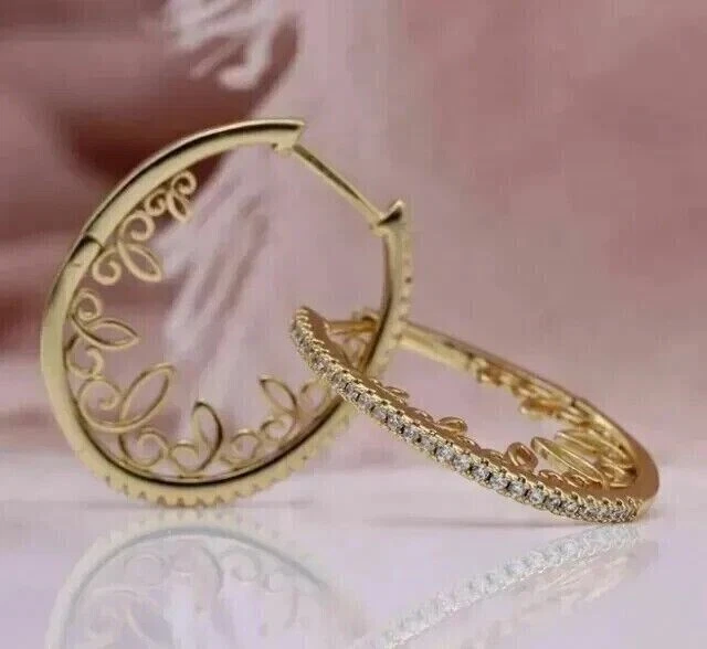 Round Cut Simulated Diamond Large Huggie Hoop Earrings 14K Yellow Gold Plated - Image 3 of 4