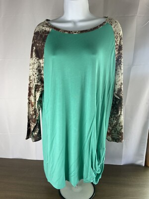 Women s Crazy Train Turquoise Cowhide Print Twist Hem Raglan