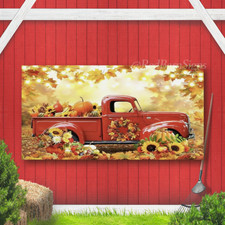 Fall Harvest Backdrop Photo Background Autumn Red Truck Pumpkins Leafs Banner