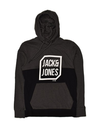 JACK & JONES Mens Graphic Hoodie Jumper Medium Grey Colourblock Cotton AC05