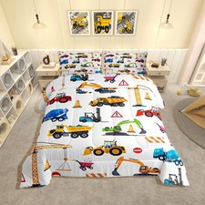 Construction Vehicles Kids Comforter Set Twin Size White Excavator Bedding Se...