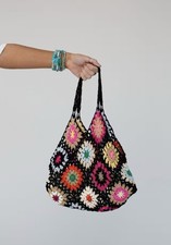 Handmade Crochet Granny Square Shoulder Bag Tote Purse Multicolor OS Boho