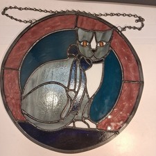 Gray Cat With Blue Bow Circular Stained Glass Panel Suncatcher 12"X12" Beautiful