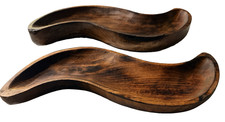 Set 2 MCM Wave Shape Carved Wood Organic Decor Serving Trays ~ 14 In