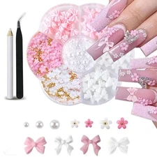 1box 3D Flower Bow Nail Art Decorations Kit Pink/White Acrylic Floral/Peal Beads