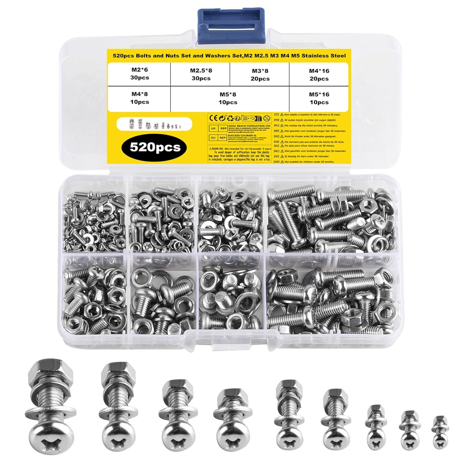 Stainless Steel Cross Pan Head Screws Bolts Nuts Washers Set, Assorted M2-M5 Nut